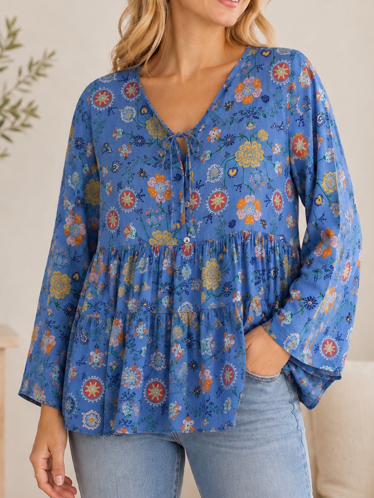 Ro’s Garden Blue Floral Tiered Peasant Blouse Romantic Boho Cottagecore Top M